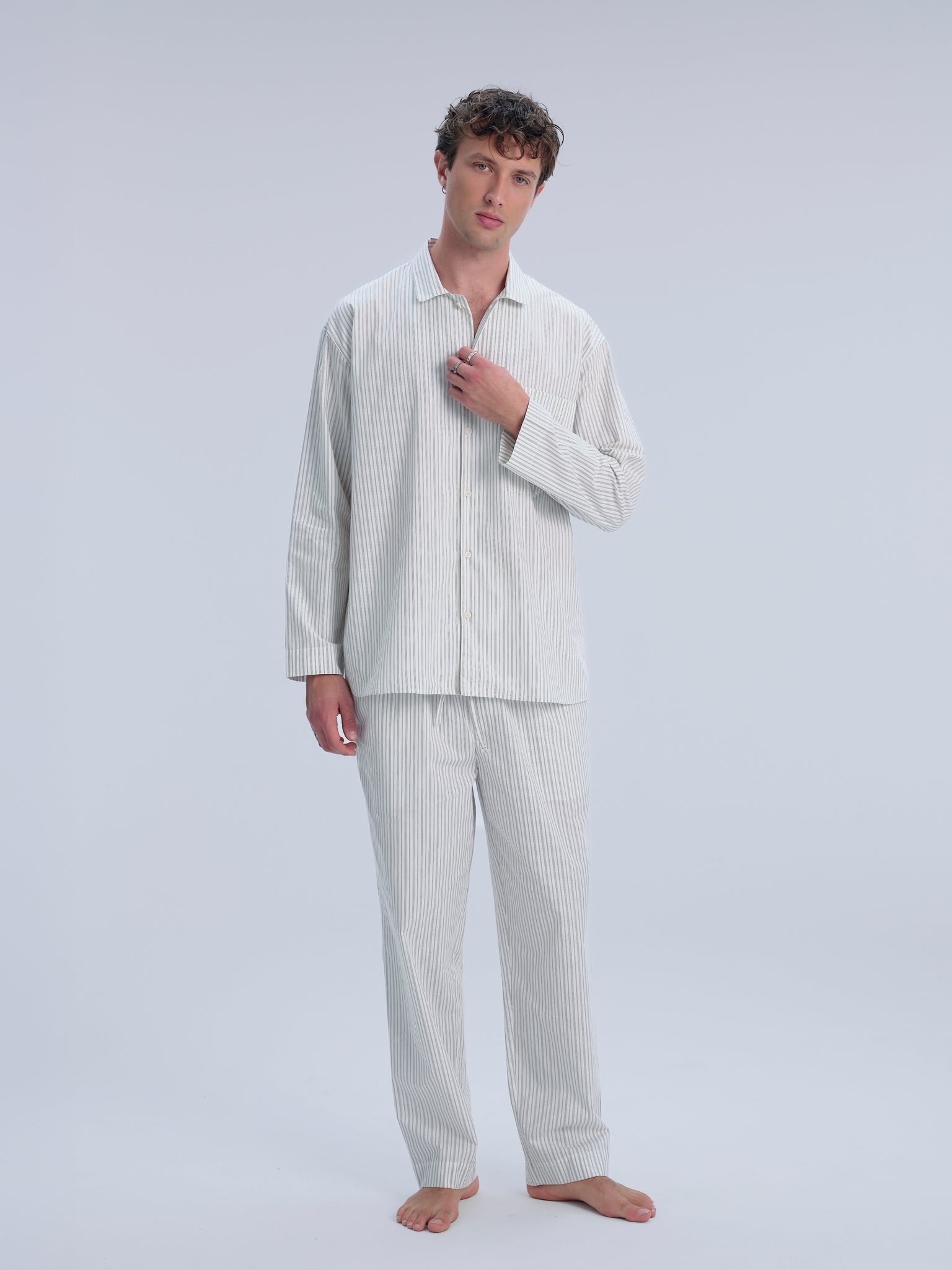 Pyjamahemd - olive cream pinstripe