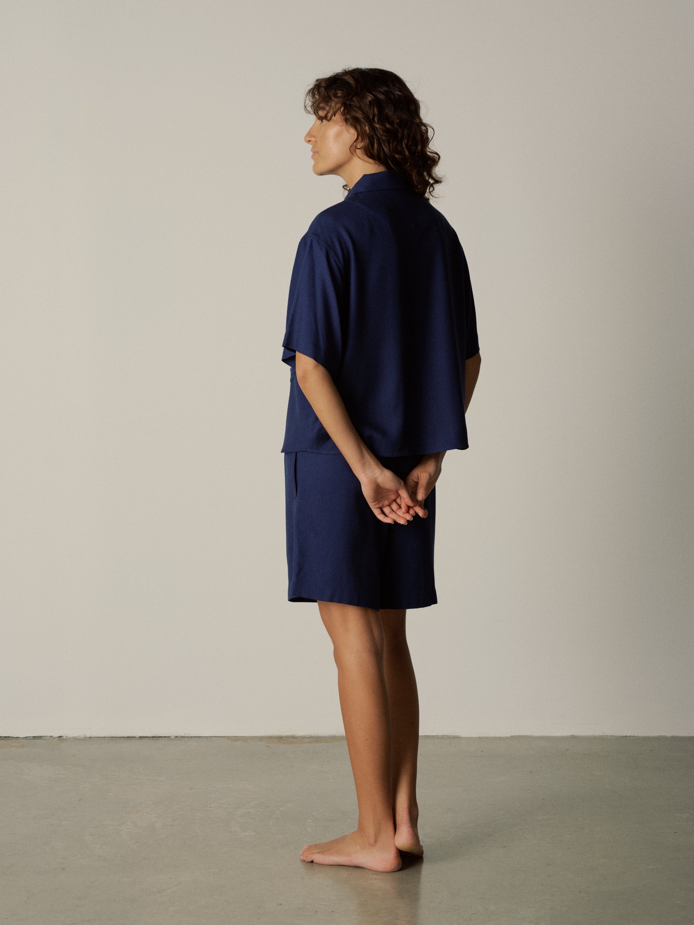 Pyjama Set (Cropped Short-Sleeve Shirt + Shorts) - deep sea blue