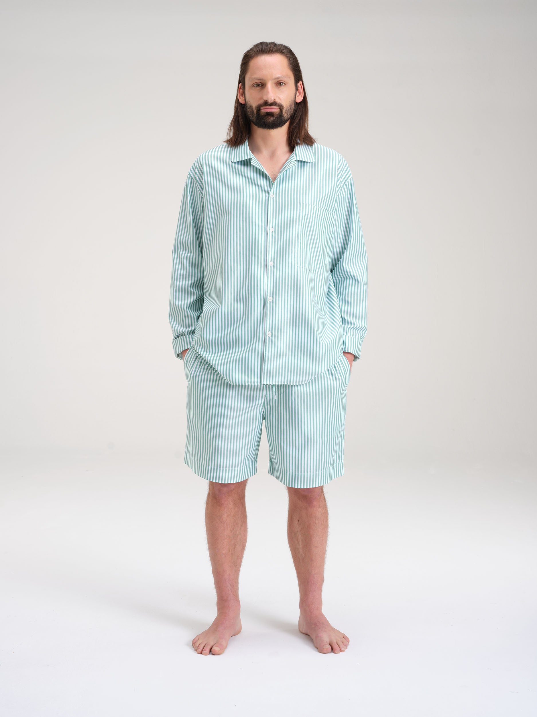 Pyjama Set (Shirt+ Shorts) - gratitude green stripe