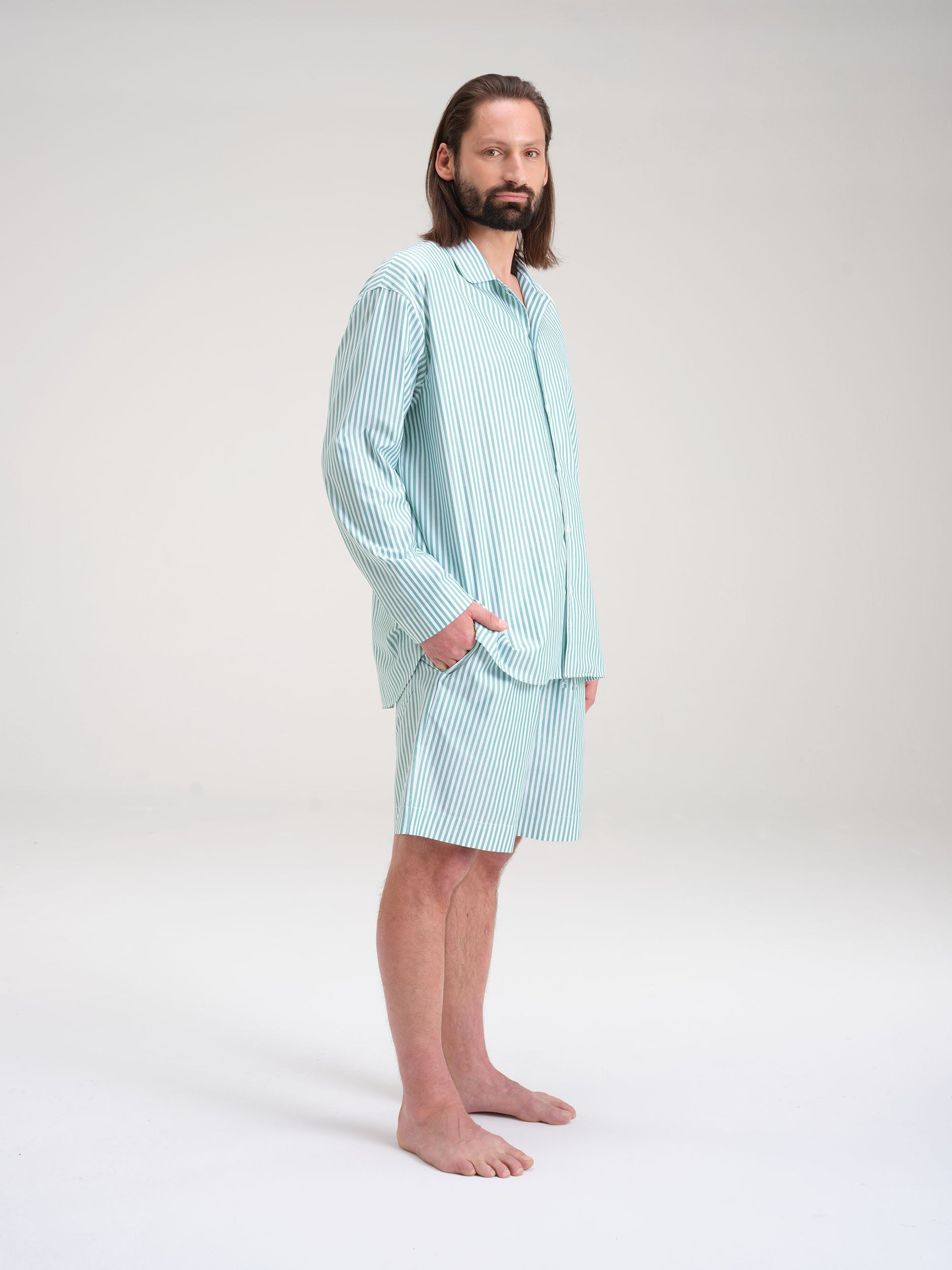 Pyjama Set (Shirt+ Shorts) - gratitude green stripe