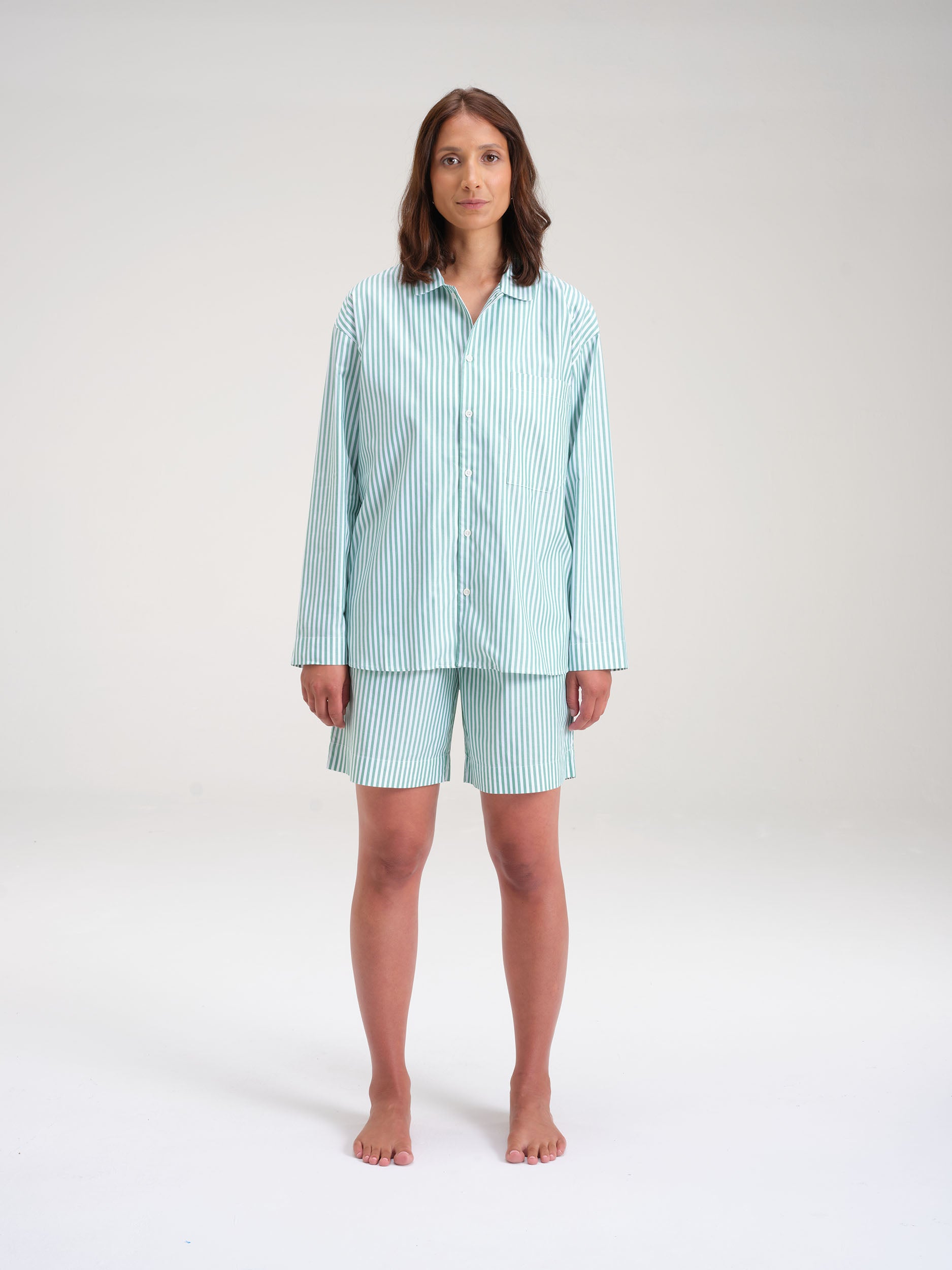 Pyjama Set (Shirt+ Shorts) - gratitude green stripe