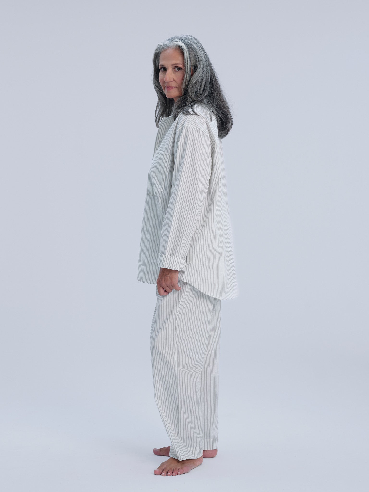 Pyjamahemd - olive cream pinstripe