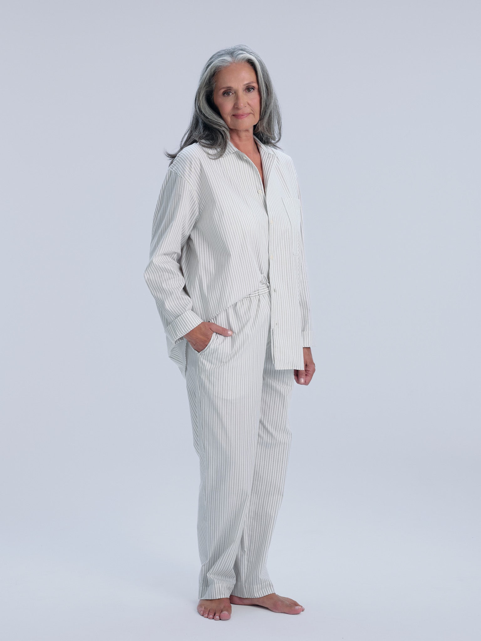 Pyjamahose - olive cream pinstripe