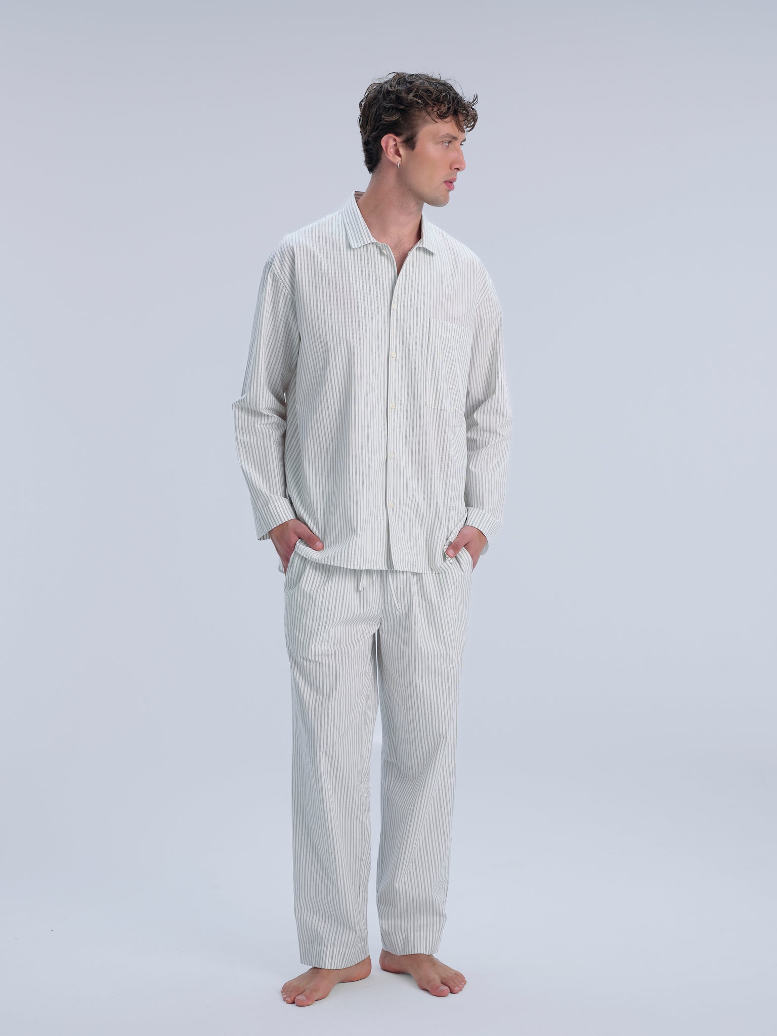 Pyjamahose - olive cream pinstripe