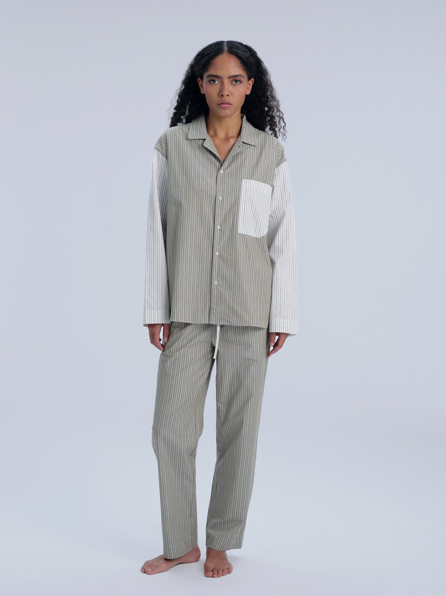 Pyjamahemd - olive pinstripe mix