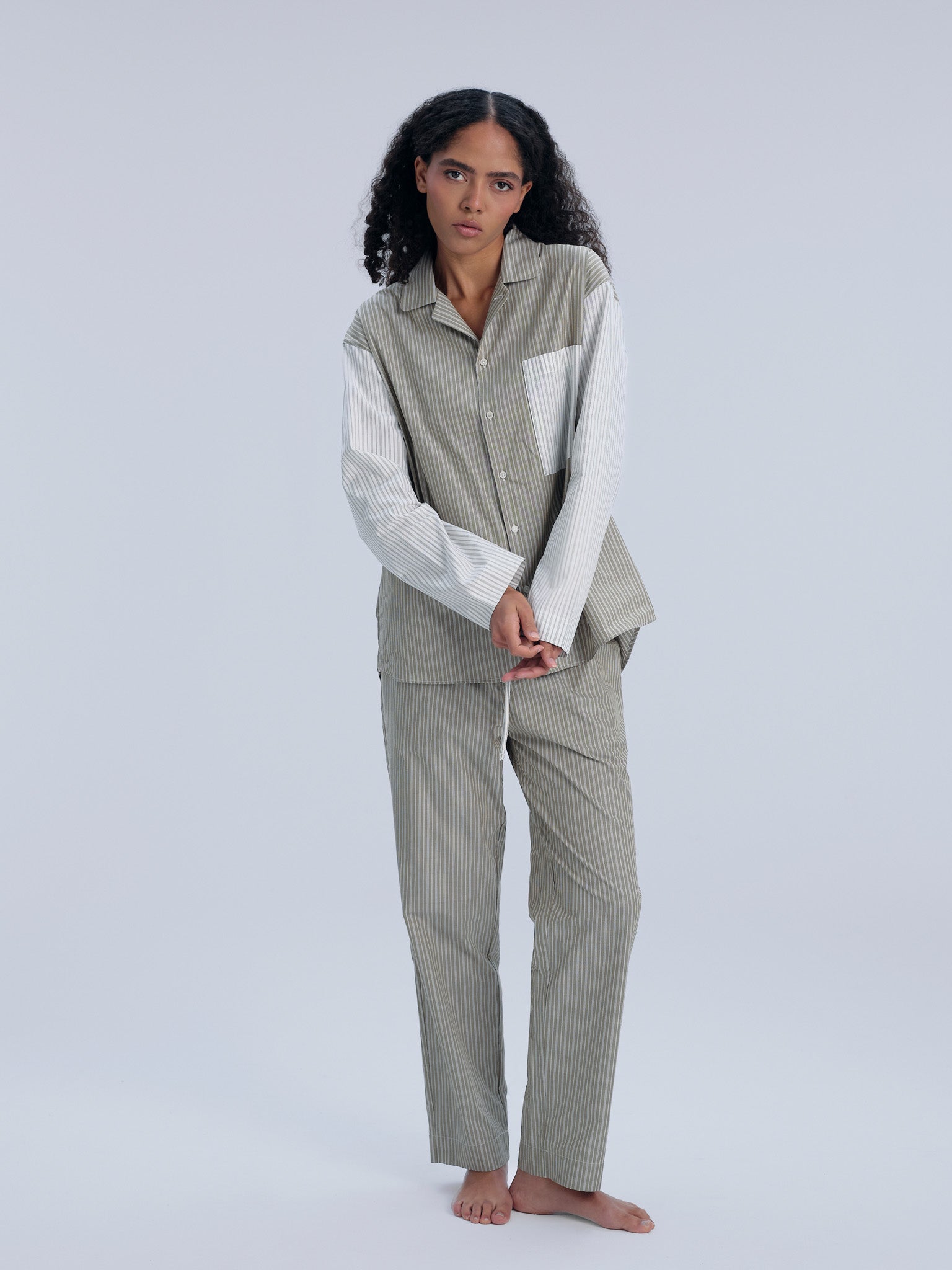 Pyjamahemd - olive pinstripe mix