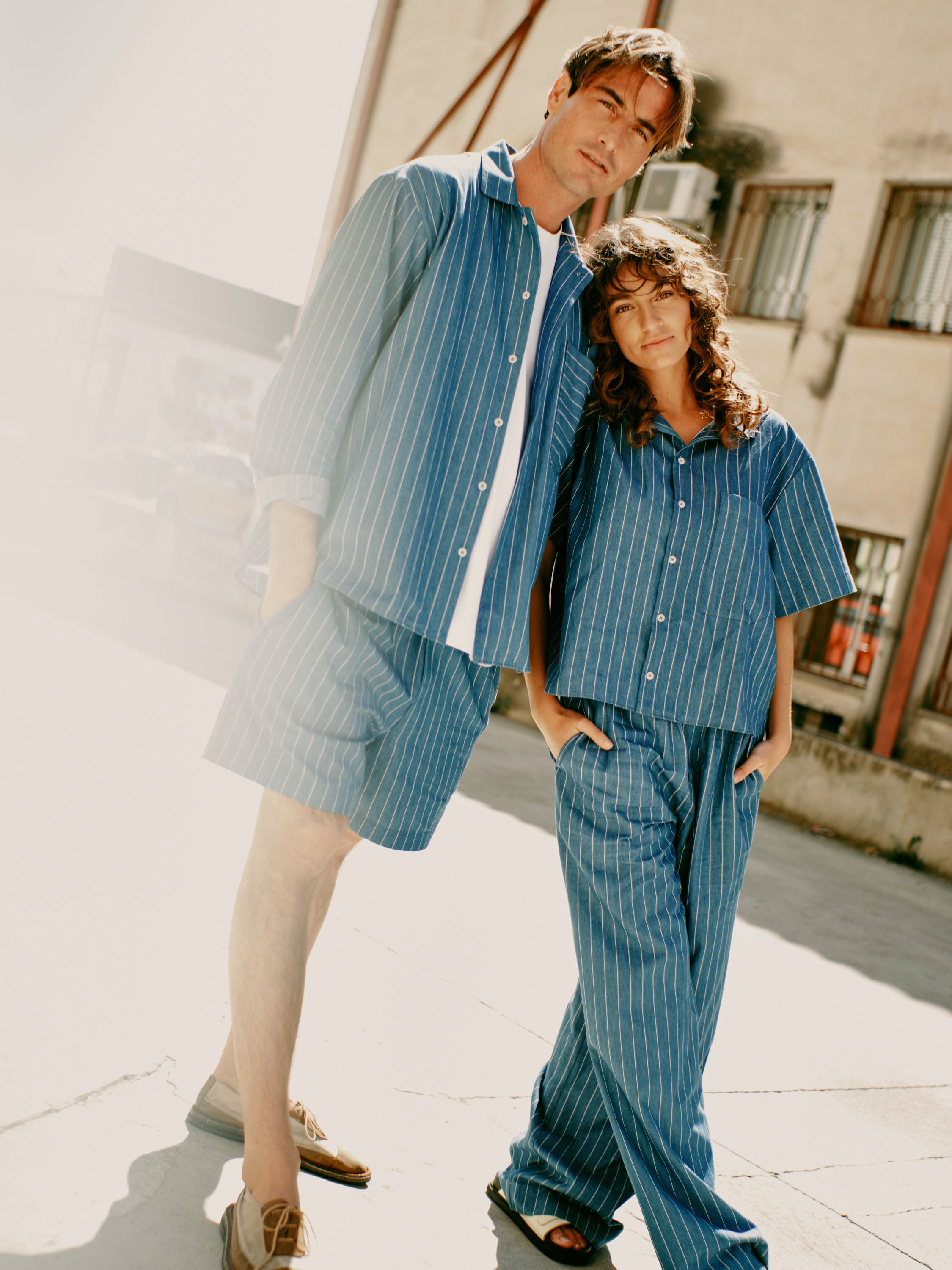 Pyjama Set (Shirt + Shorts) - ocean pinstripe