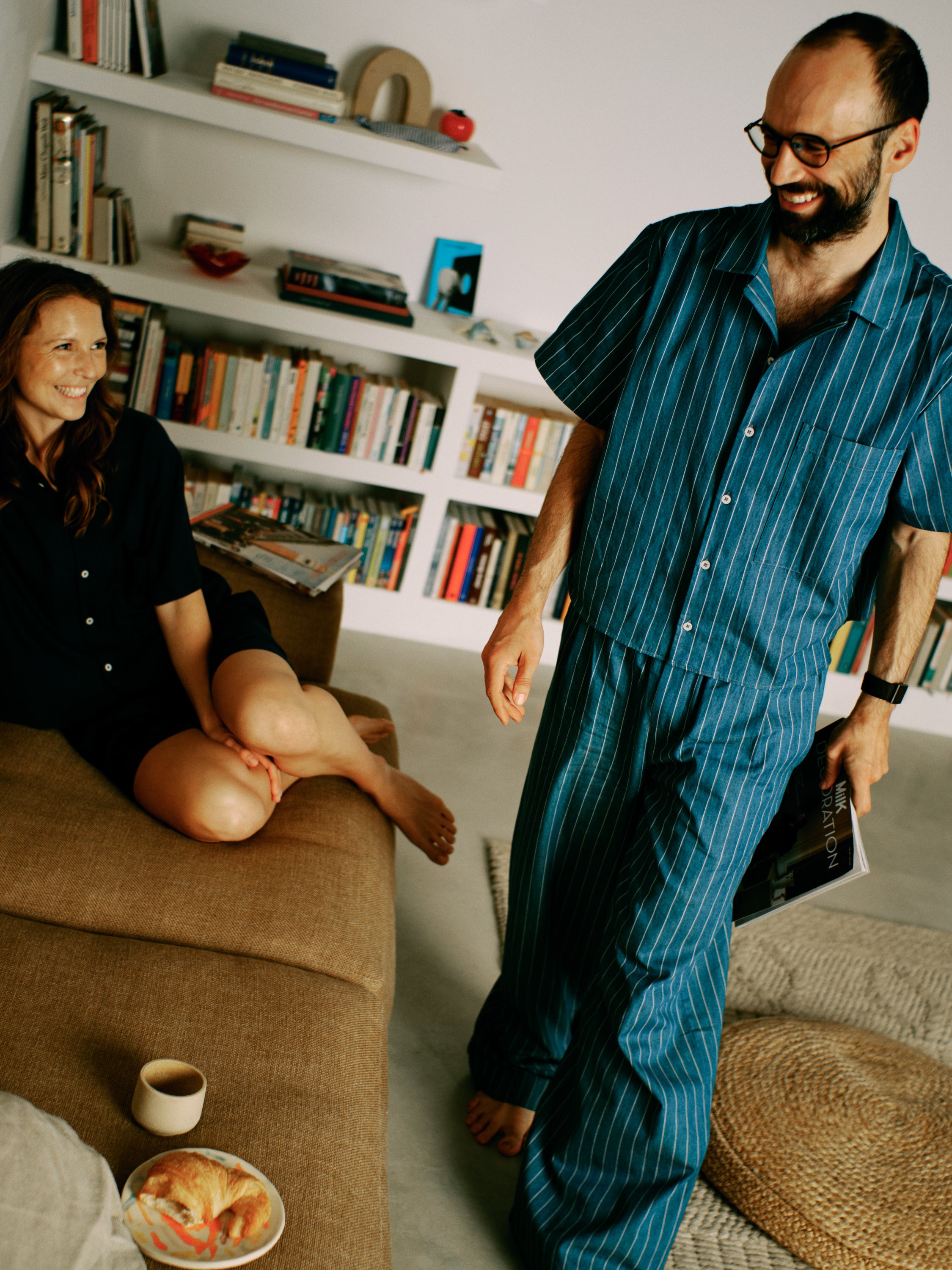 Pyjama Set (Cropped Shirt + Pants) - ocean pinstripe