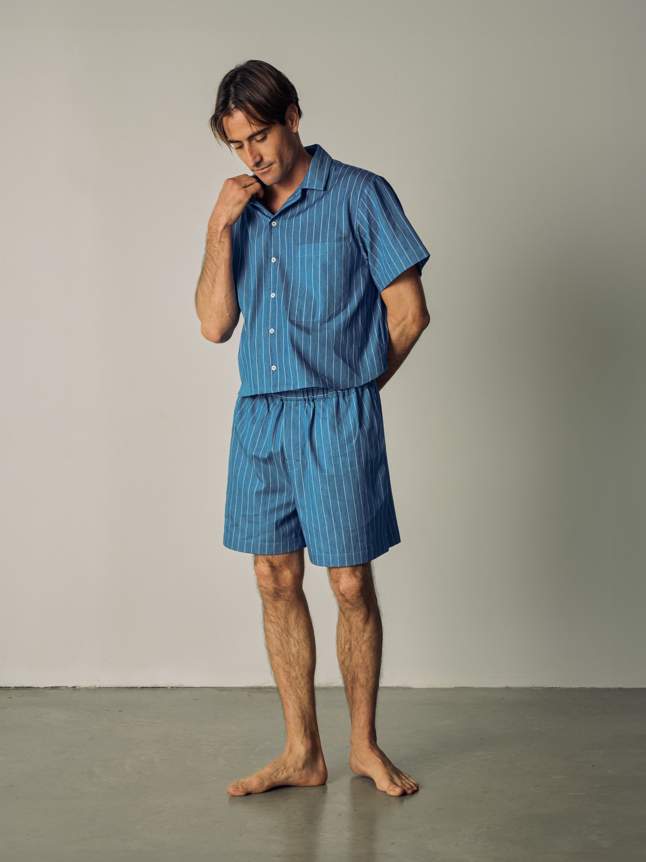 Pyjama Set (Cropped Shirt + Shorts) - ocean pinstripe