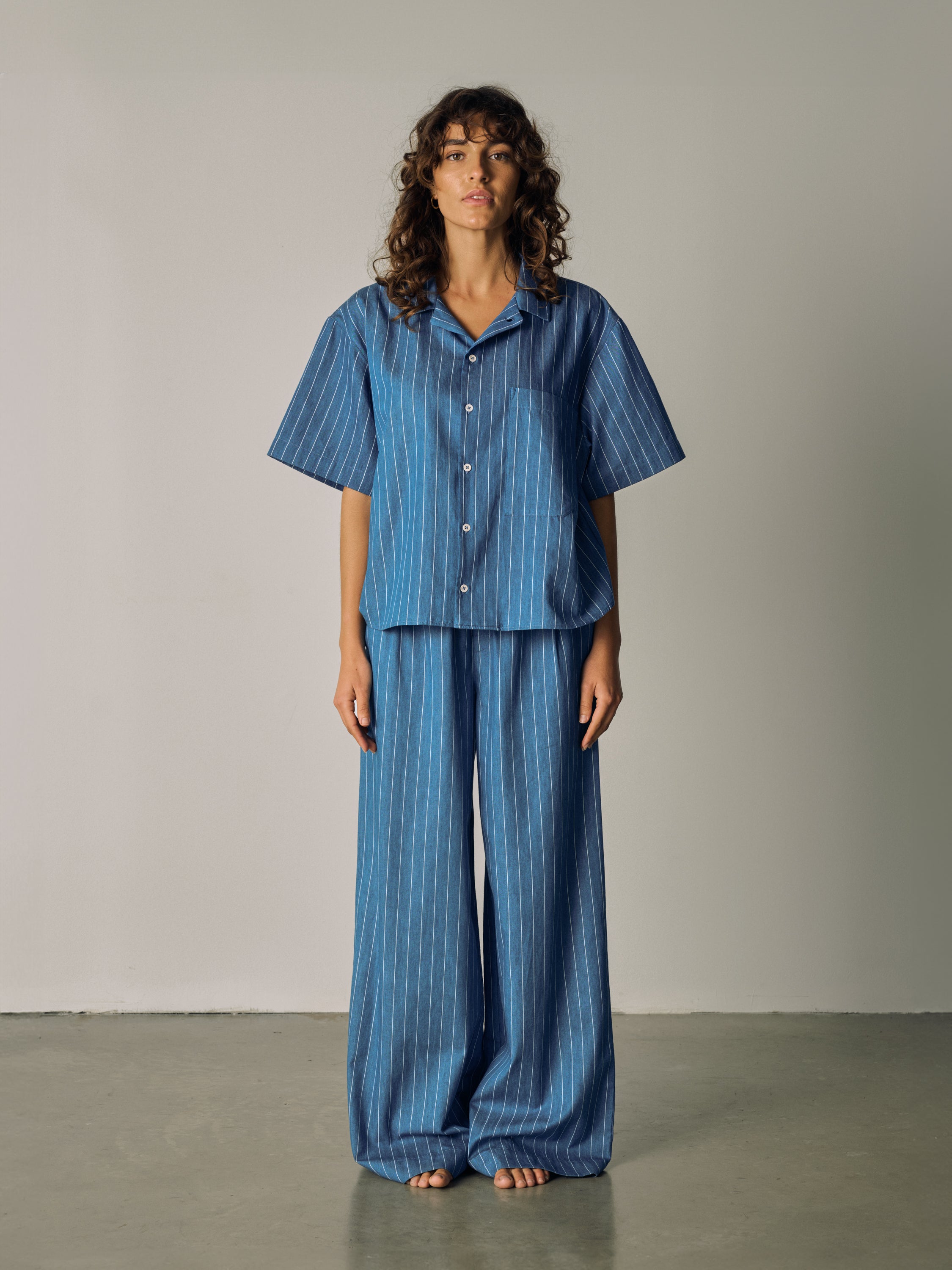 Cropped Kurzarmhemd - ocean pinstripe