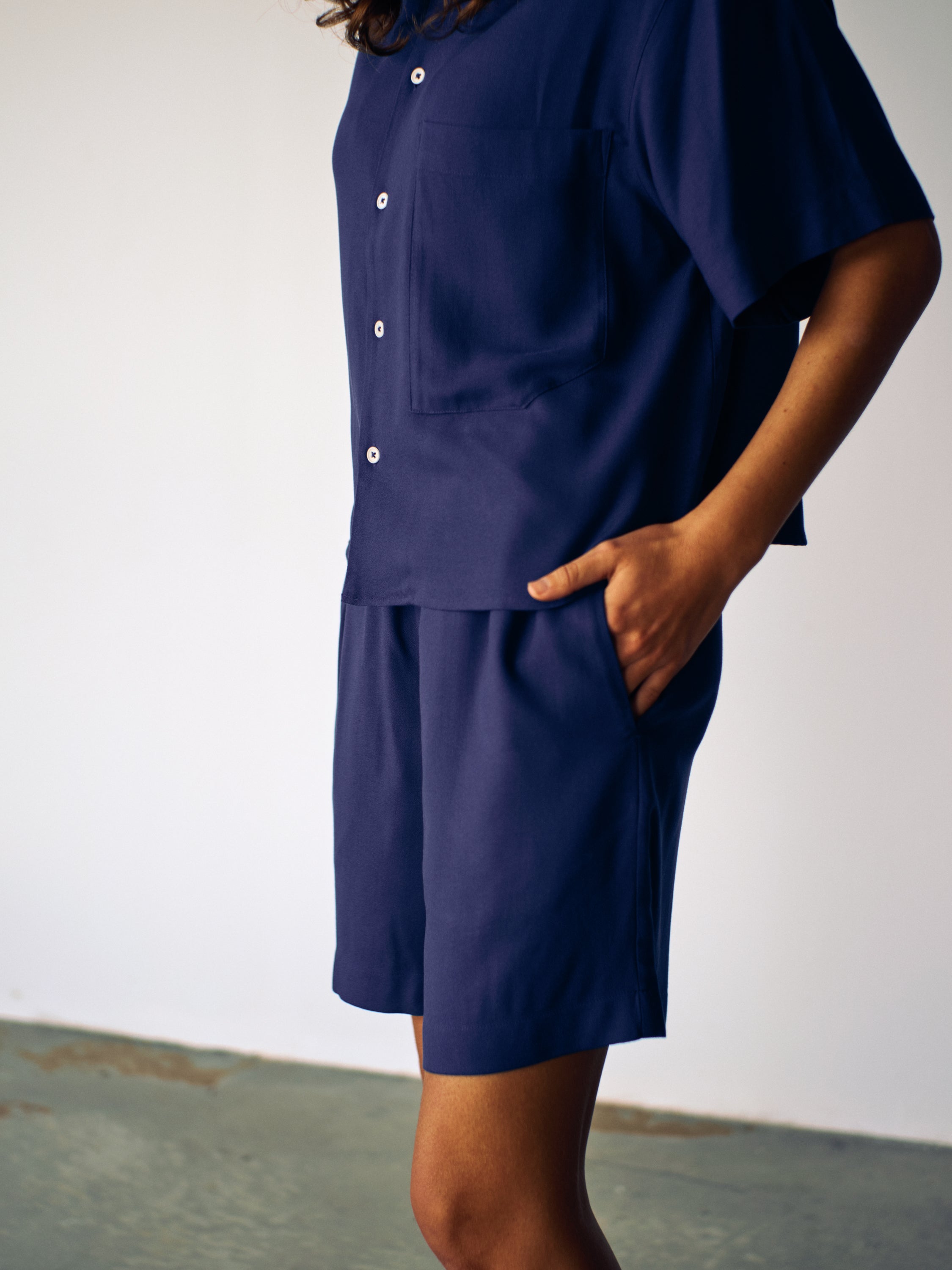 Pyjama Set (Cropped Short-Sleeve Shirt + Shorts) - deep sea blue