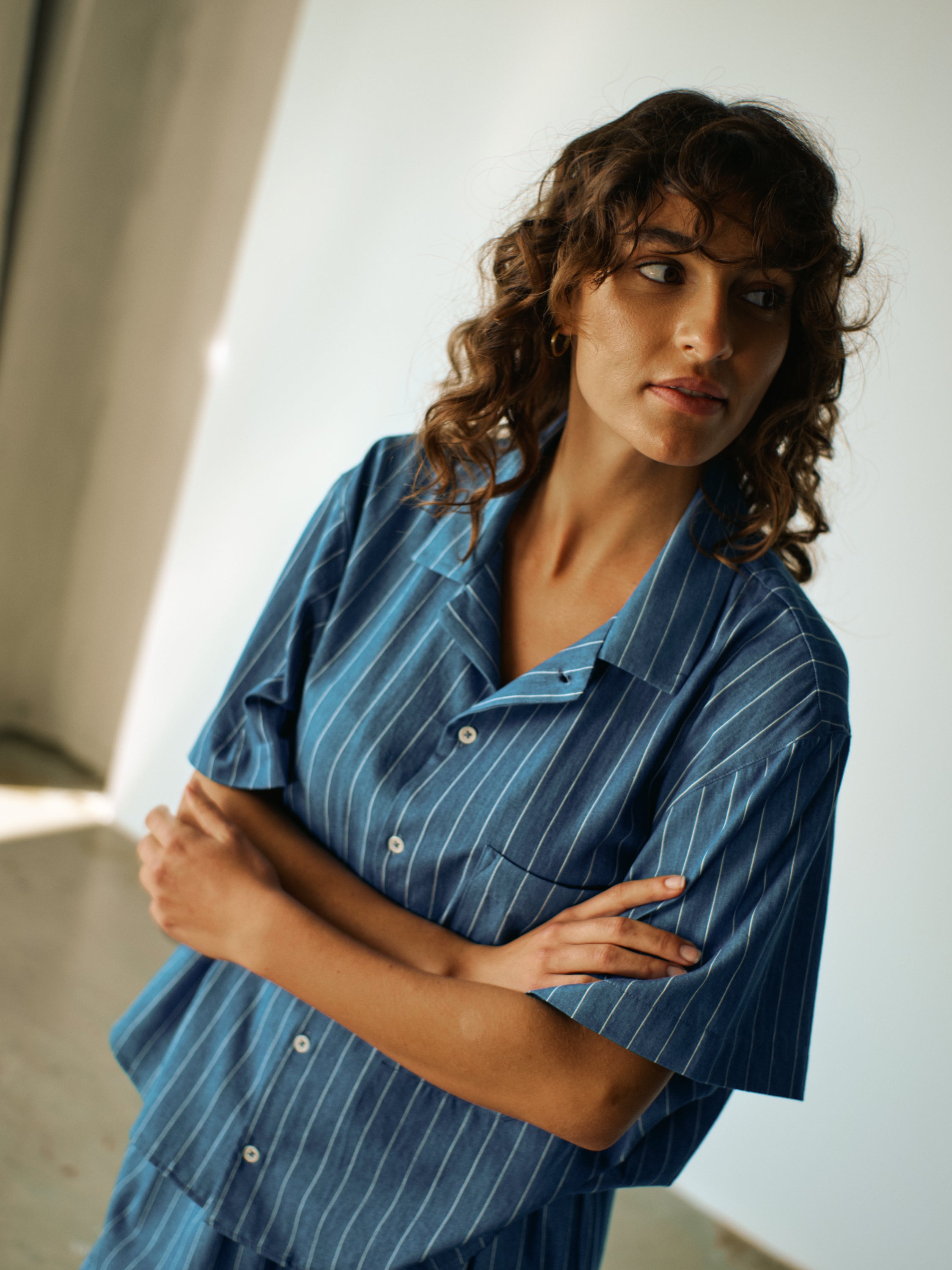 Pyjama Set (Cropped Shirt + Shorts) - ocean pinstripe