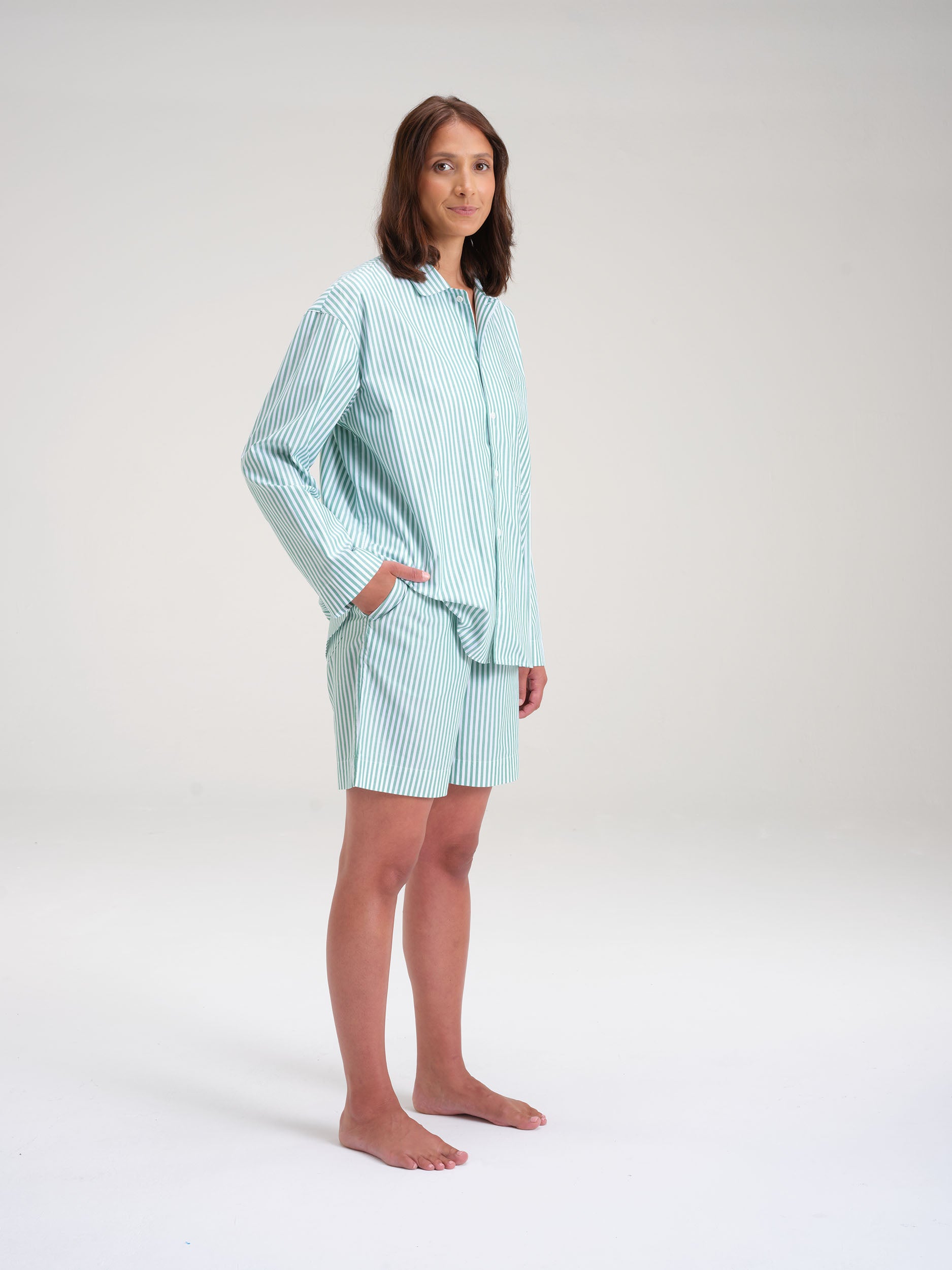 Pyjama Set (Shirt+ Shorts) - gratitude green stripe