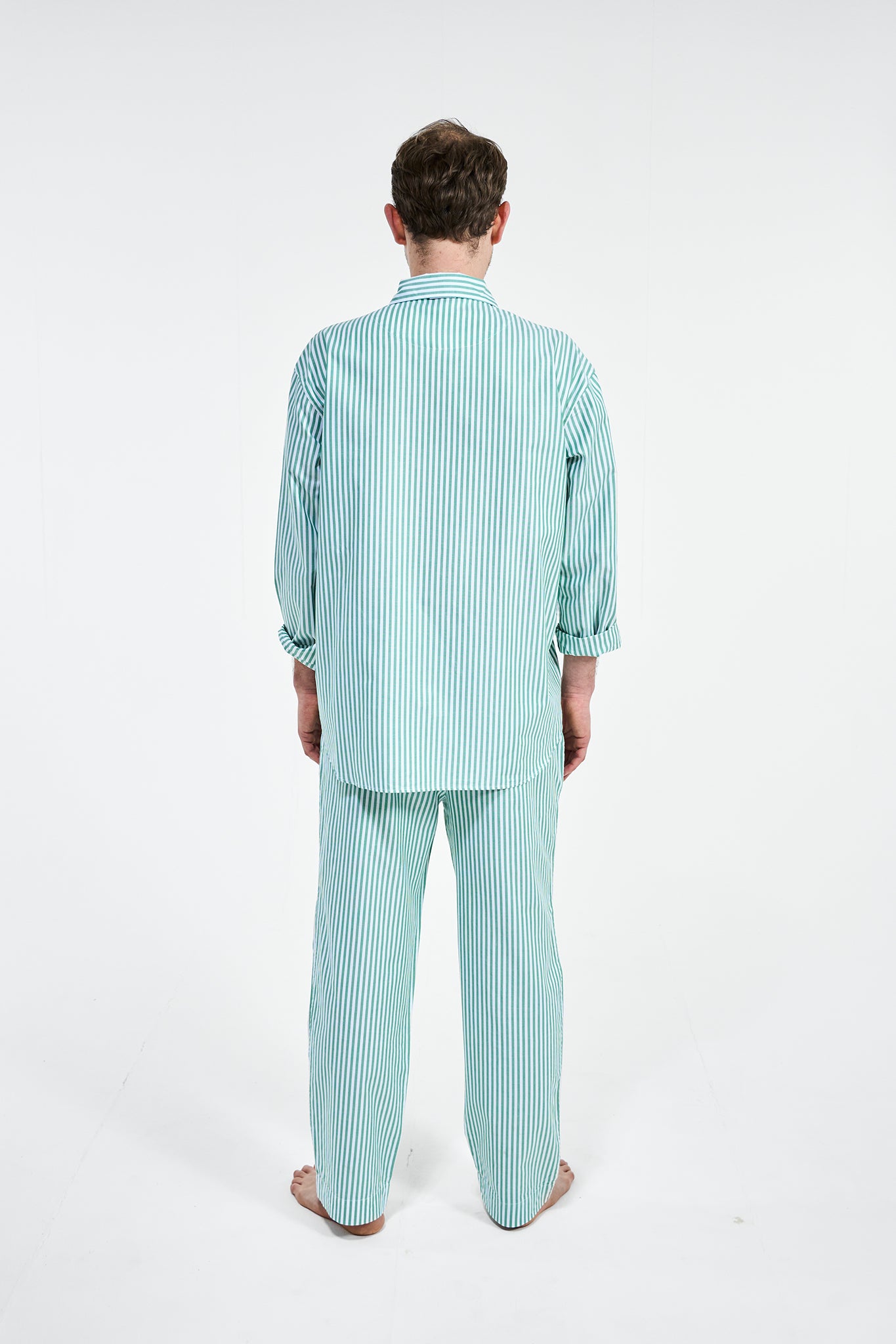 sustainable sleepwear_long pyjama set_gratitude green stripe_back view_avonte