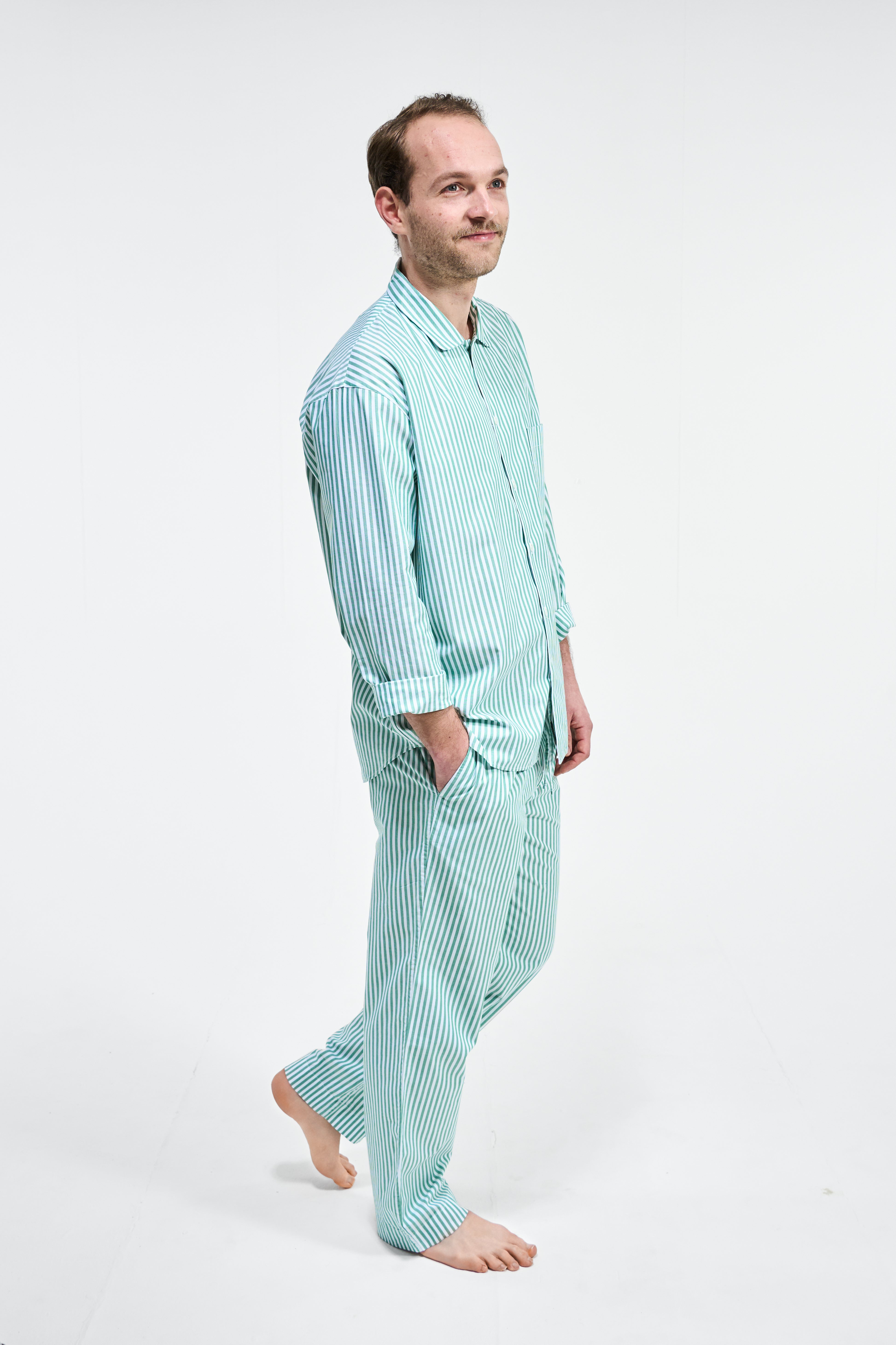 sustainable sleepwear_long pyjama set_gratitude green stripe_side view_avonte